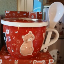 Bol à soupe en porcelaine avec sa cuillère, chat